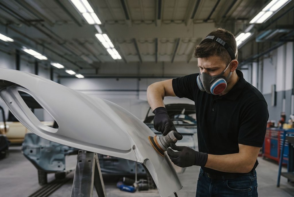 auto body technician sandiing a fender on a Infiniti Certified Collision Repair at Cliff’s Body Repair auto-body-technician-sandiing-a-fender-on-a-Infiniti-Certified-Collision-Repair-at-Cliffs-Body-Repair