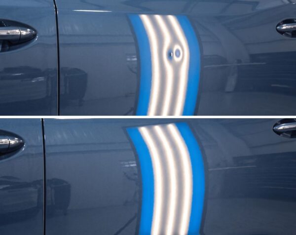 Before and after what PDR looks like on vehicle-Paintless dent repair in Schenectady