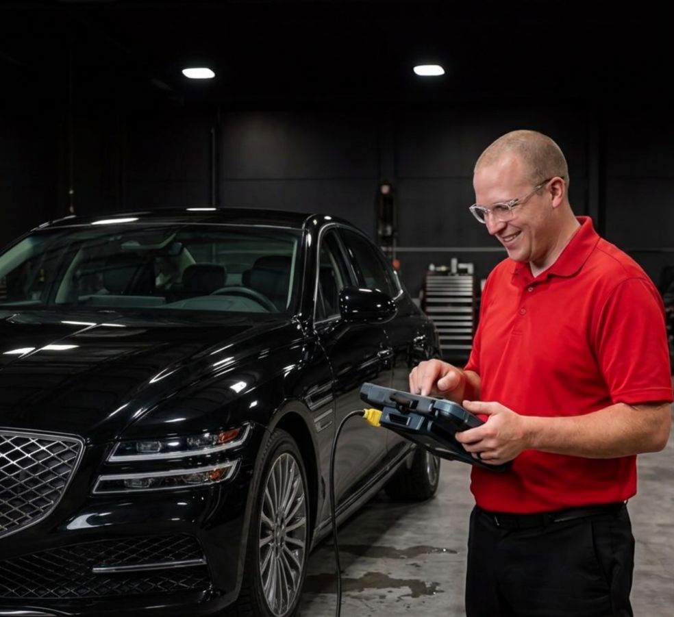 Black-Genesis-Sedan-inside-a-body-shop-for-hooked-getting-computer-diagnosis-with-technician